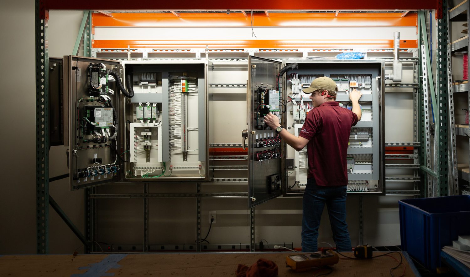 Drake Controls technician building and wiring open control cabinets