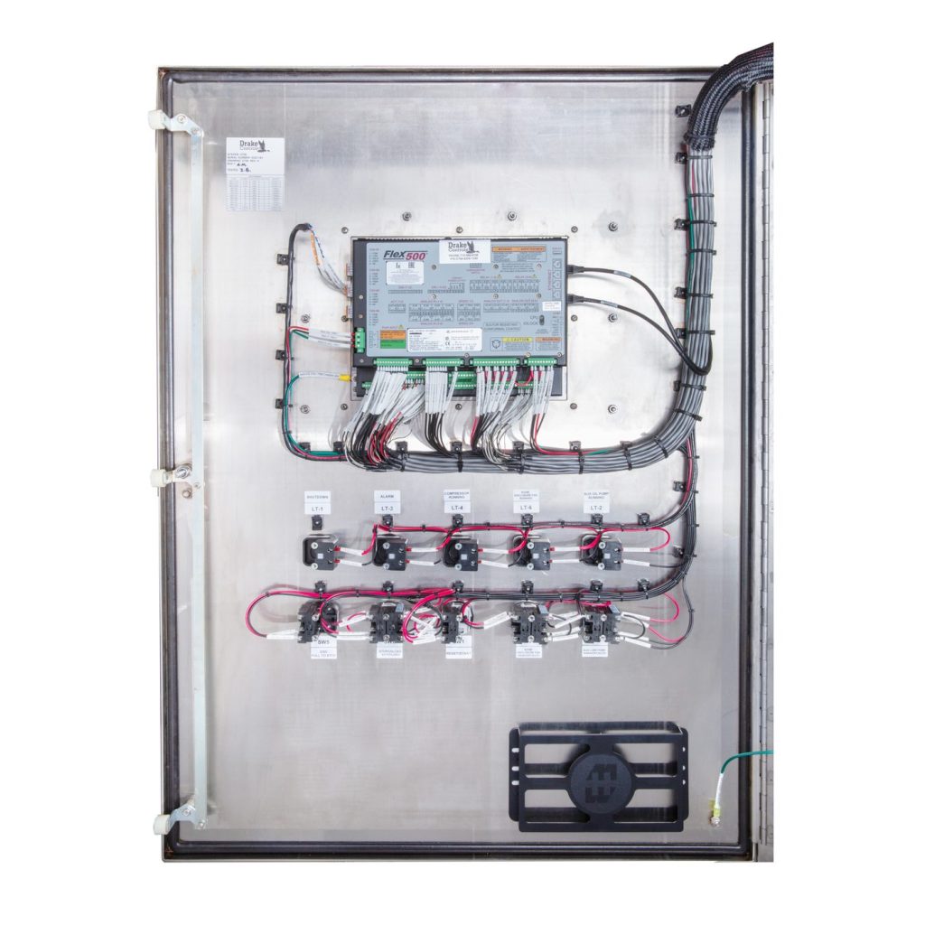 Drake-built Flex500 control panel with cabinet open showing the Woodward Flex500 controller